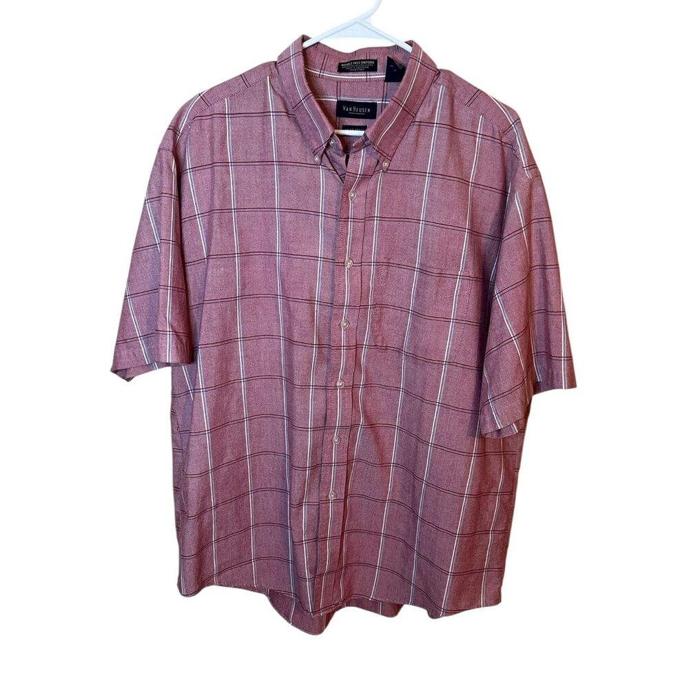 Van Heusen Mens XL 17-17.5 Salmon Plaid Short Sleeve Button Up Shirt